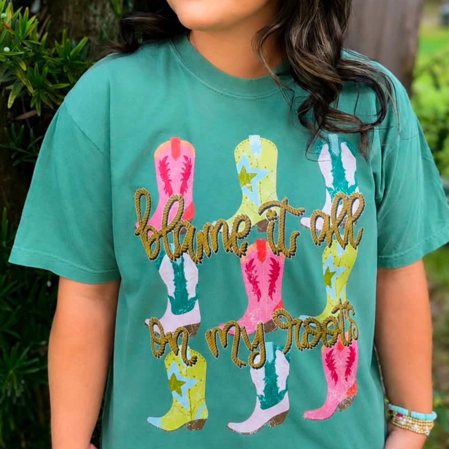 Blame It All On My Roots Cowboy Boot Graphic Tee