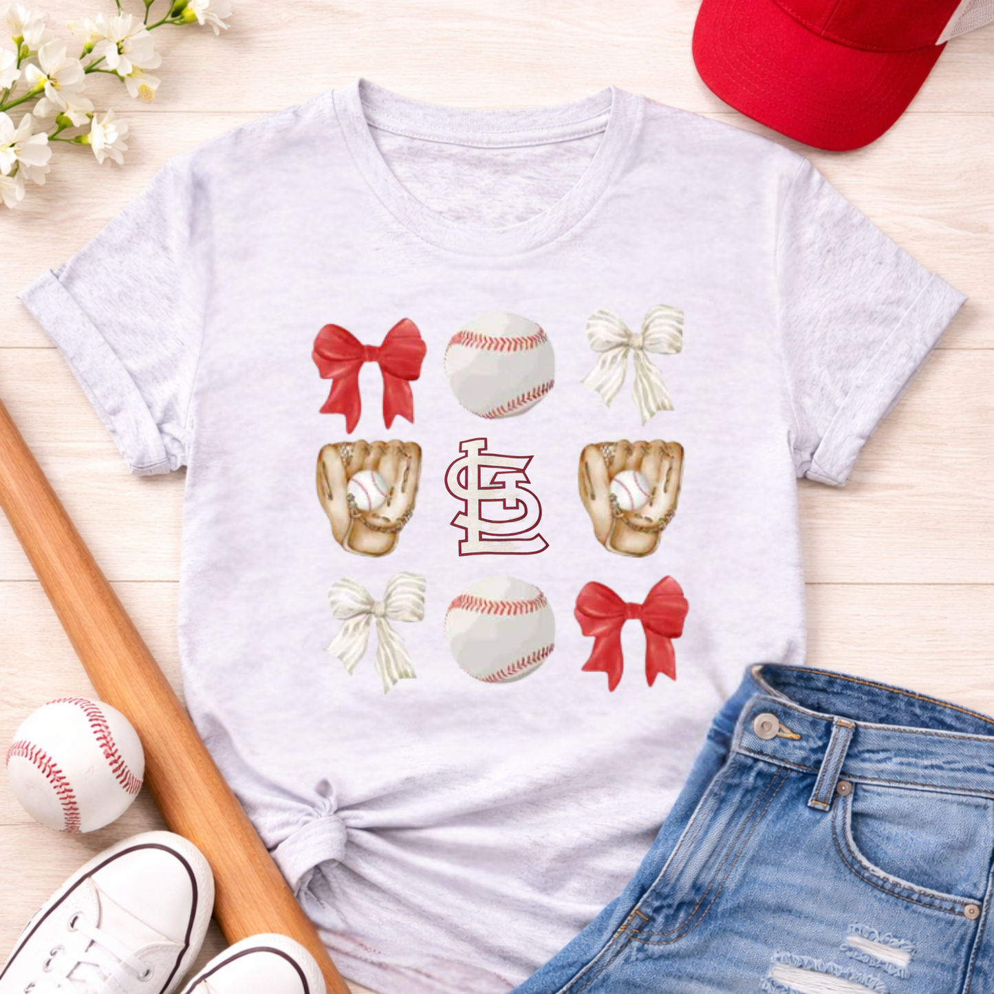STL Baseball Bow Tee - Cardinals