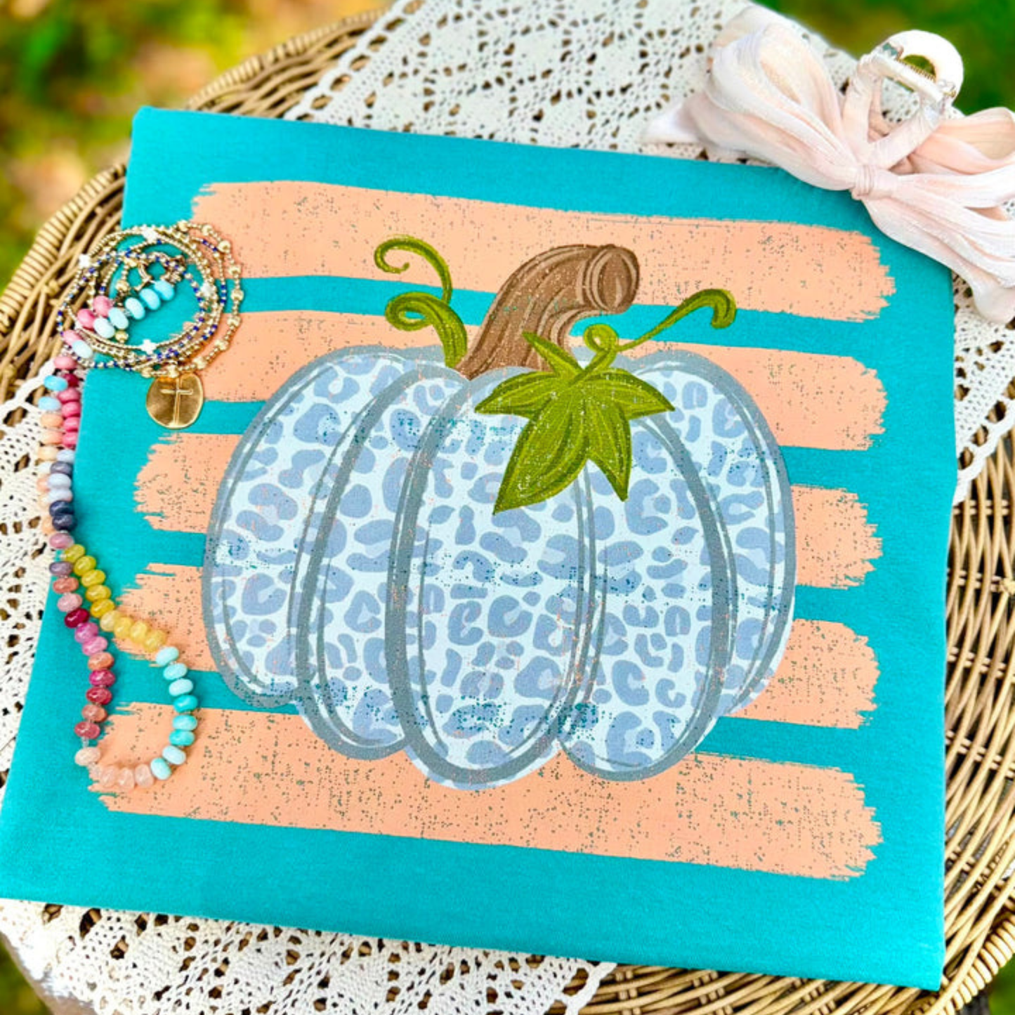 Vibrant Teal Bow Pumpkin Graphic Tee