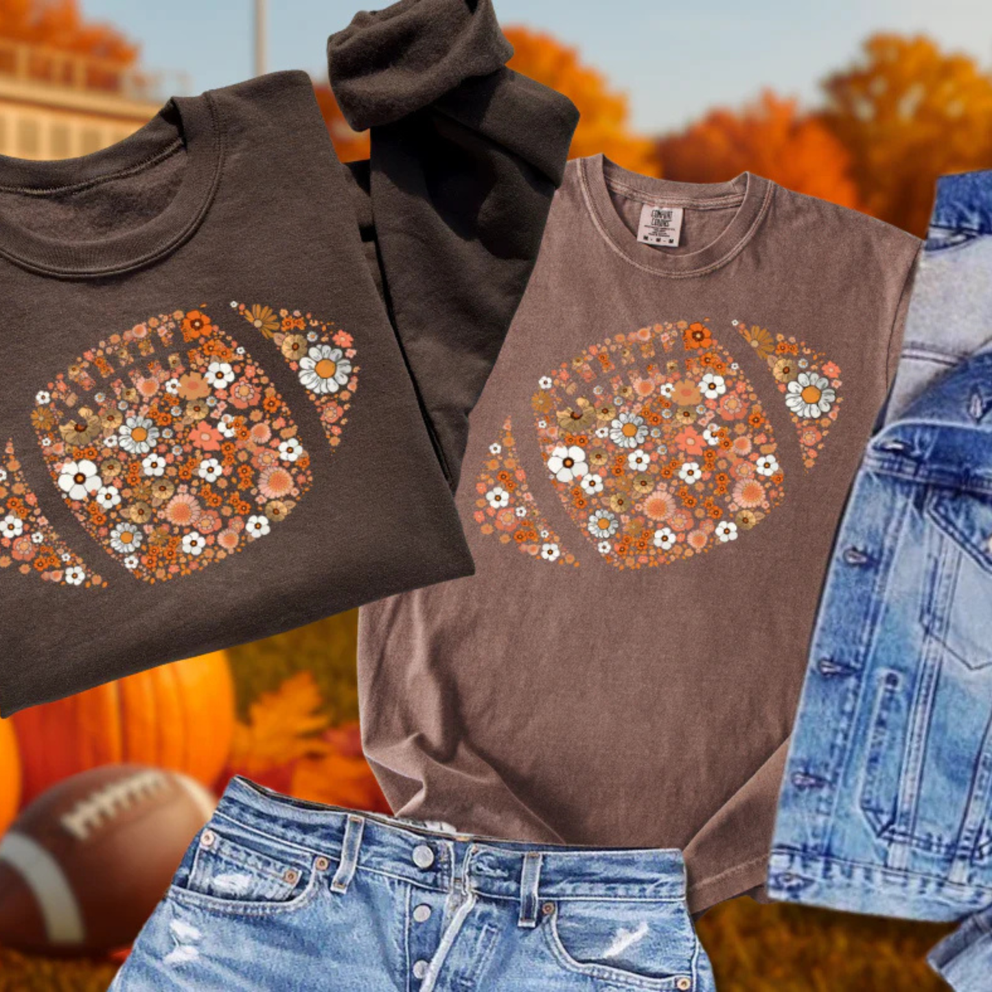 Floral Football Graphic Tee and Sweatshirt