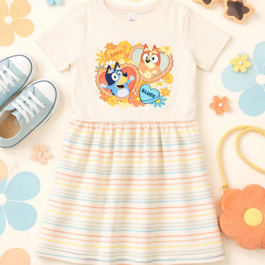 🌼 Blue and Orange Dogs Floral Twirl Dress 🌼